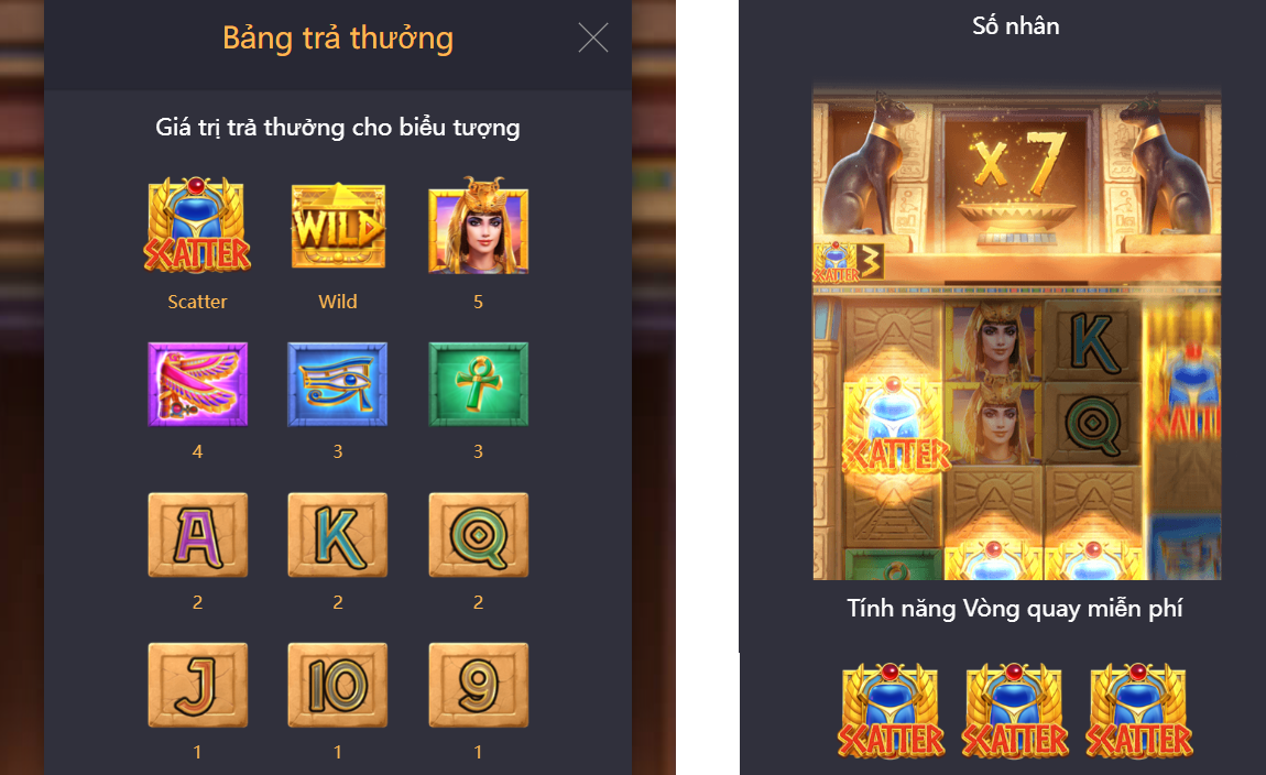 Bảng trả thưởng trong game Bí mật Cleopatra