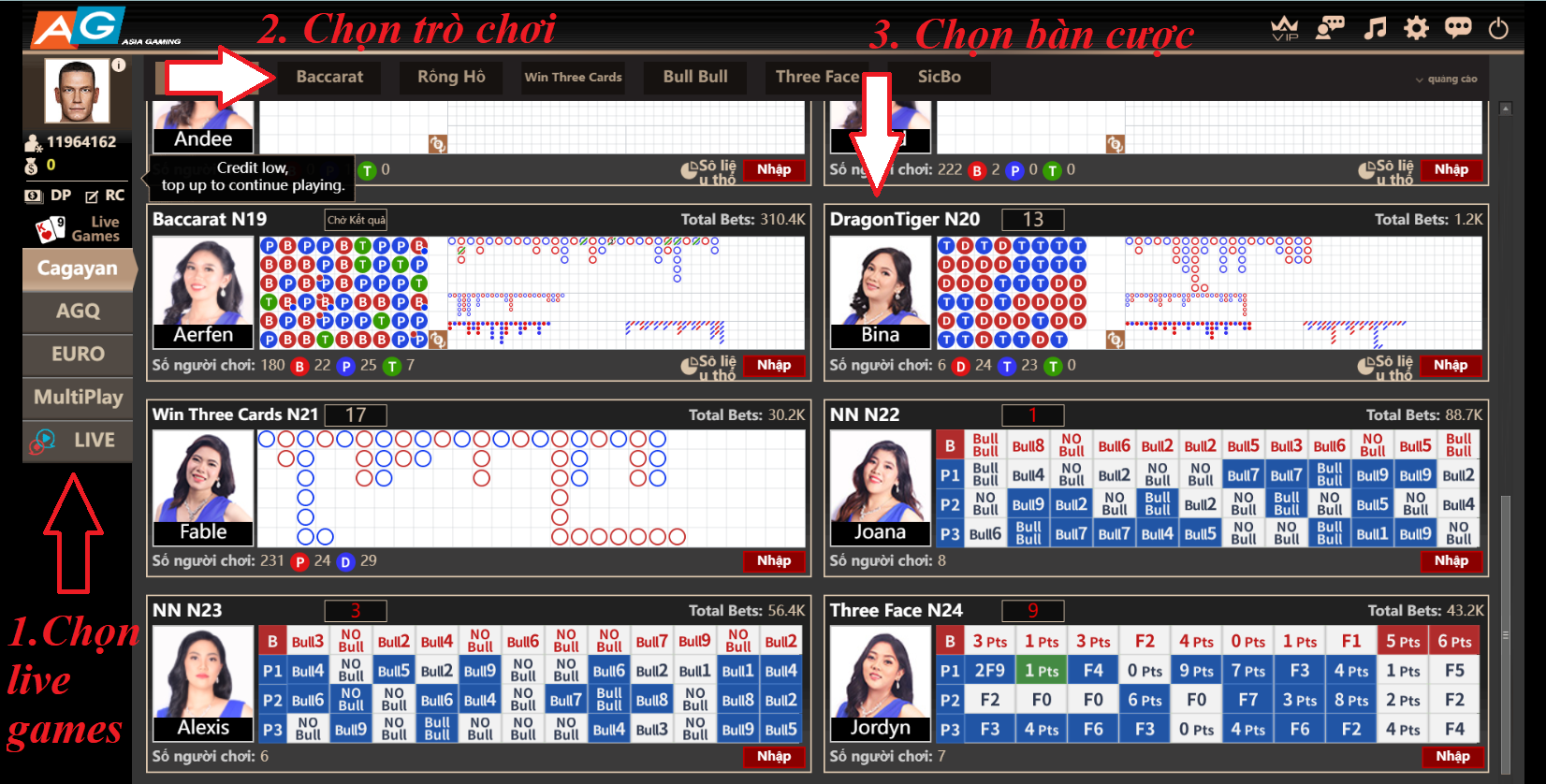 Hướng dận chọn bàn cược tại sảnh AG Live